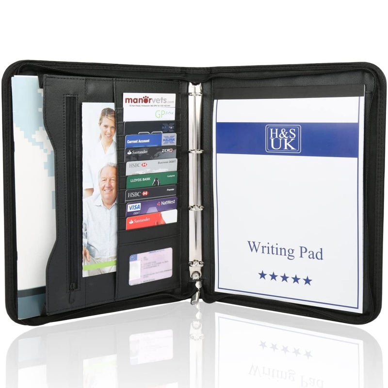 H&S Conference Folder - Zipped Portfolio Folder A4 - Faux Leather Folders for Documents with Ring Binder - A4 Organiser Folders - Work or Business Document Holder Padfolio Case - Image 1